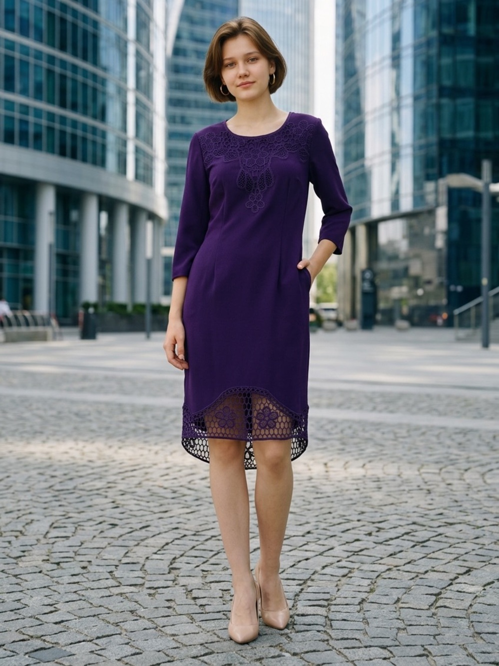 Antonio Melani “Broadway” Lace Inset 3/4 Length Sleeve Midi Dress in Plum NWT